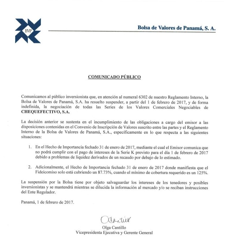 Bolsa de Valores de Panamá suspende a la empresa Chequefectivo por problemas económicos