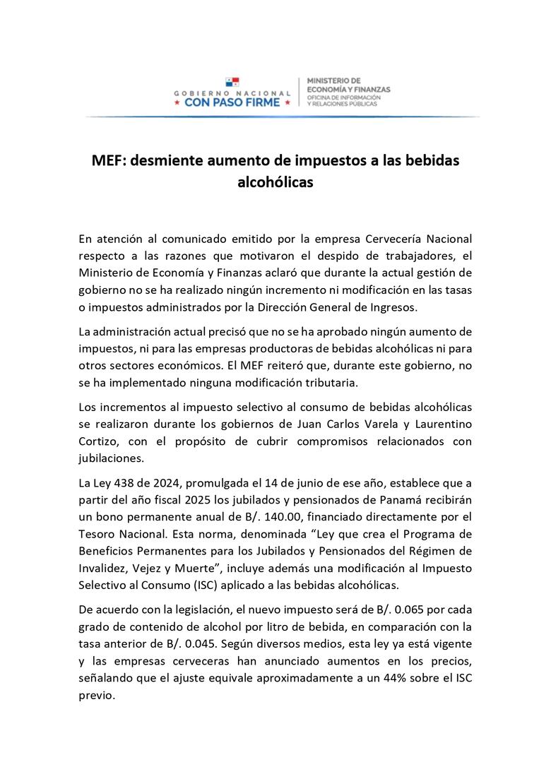 Gobierno de Mulino niega alza de impuestos señalada por la Cervecería Nacional