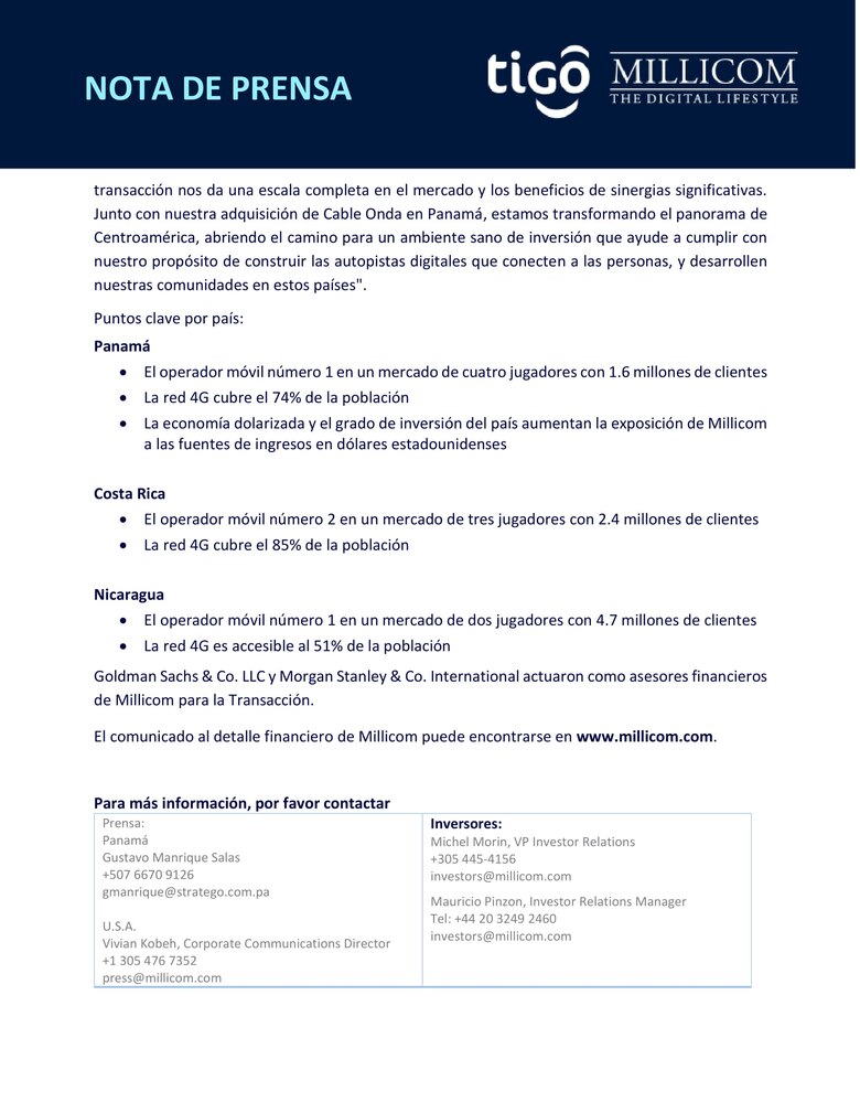 Telefónica vende sus negocios de Panamá a Millicom
