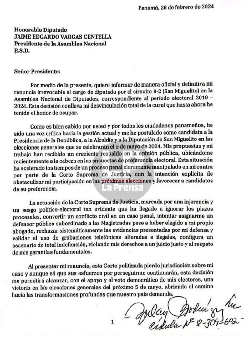 Zulay Rodríguez envió su nota de renuncia a la curul al presidente de la Asamblea