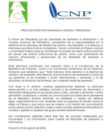 El CNP y el Fórum de Periodistas rechazan amenazas y demandas de la familia y abogados de Martinelli