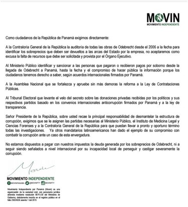 Movin: 'Presidente, sobre usted recae la responsabilidad de desmantelar la estructura de corrupción'