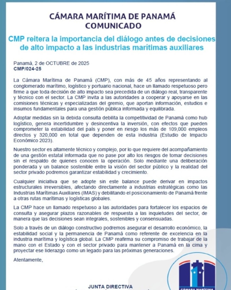 Cámara Marítima exige diálogo previo a decisiones de impacto para el sector