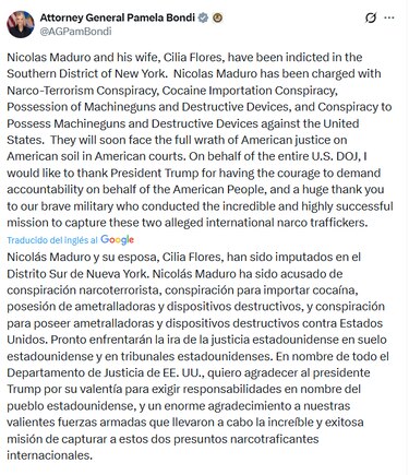 Fiscal general de Estados Unidos anuncia cargos contra Nicolás Maduro y Cilia Flores