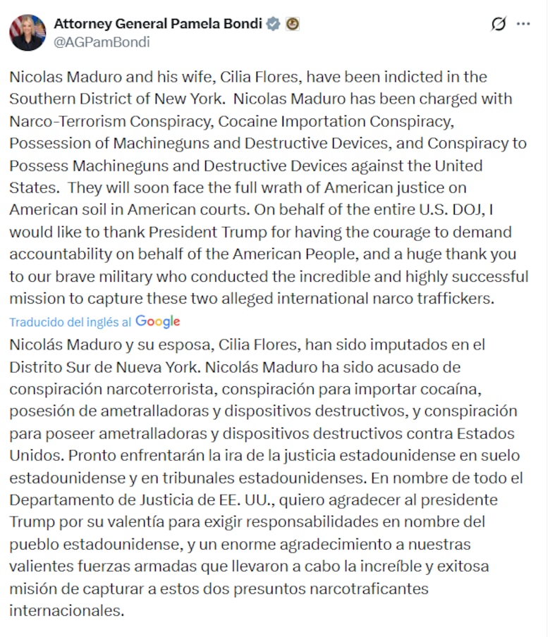 Fiscal general de Estados Unidos anuncia cargos contra Nicolás Maduro y Cilia Flores