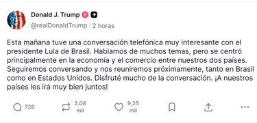 Trump anuncia próximas reuniones con Lula en Brasil y Estados Unidos tras una ‘muy buena’ llamada