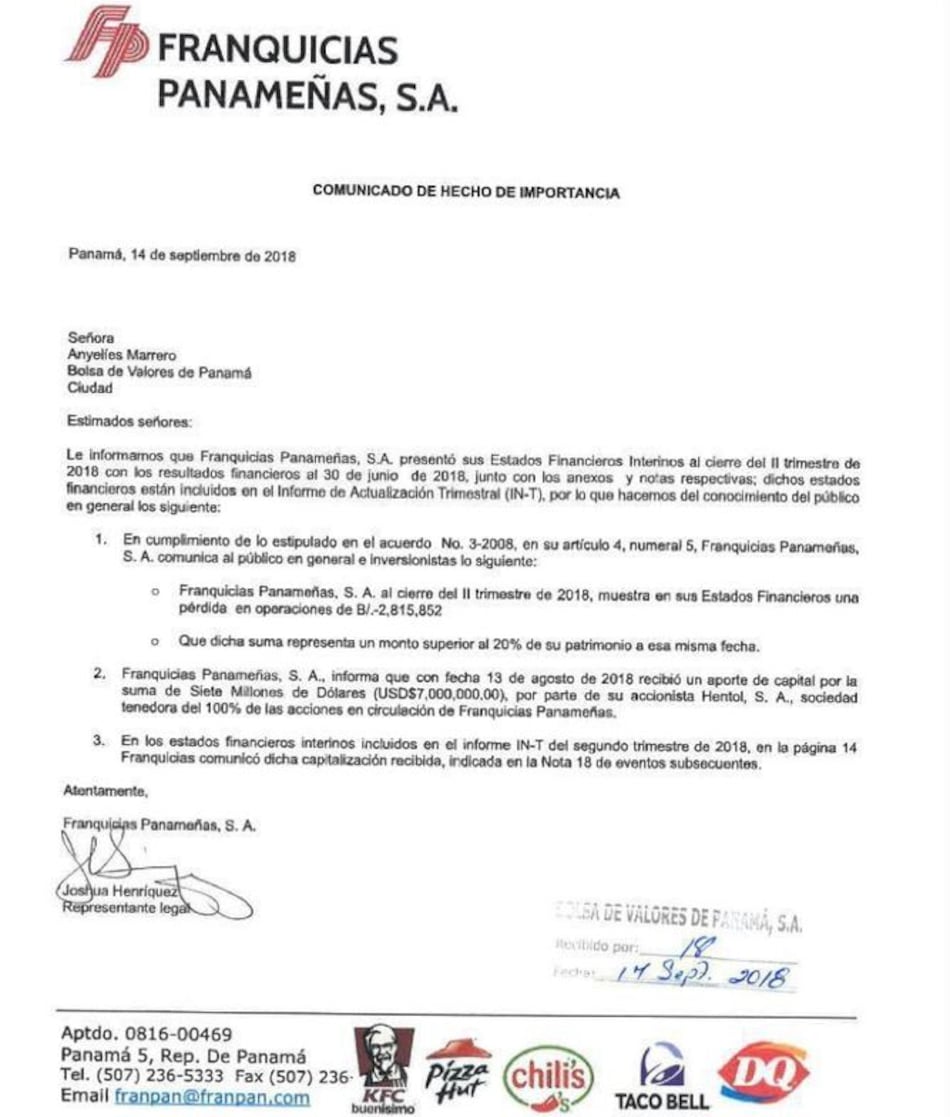 Propietarios de Franquicias Panameñas capitalizan con $7 millones, tras pérdida de $2.8 millones