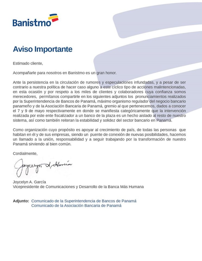 'No estamos iniciando intervención de ningún banco en particular': Superintendencia de Bancos de Panamá