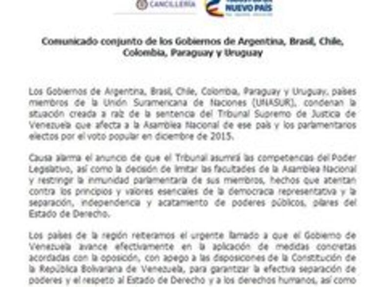Seis países de la Unasur condenan situación en Venezuela