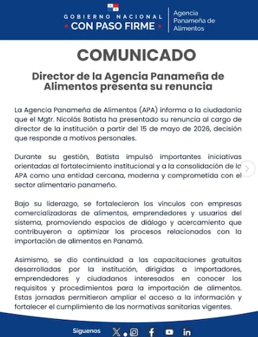 Renuncia el director de la Agencia Panameña de Alimentos