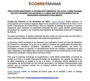 Minera Panamá pide despejar acceso al proyecto en Donoso; dice que la gestión ambiental se complica