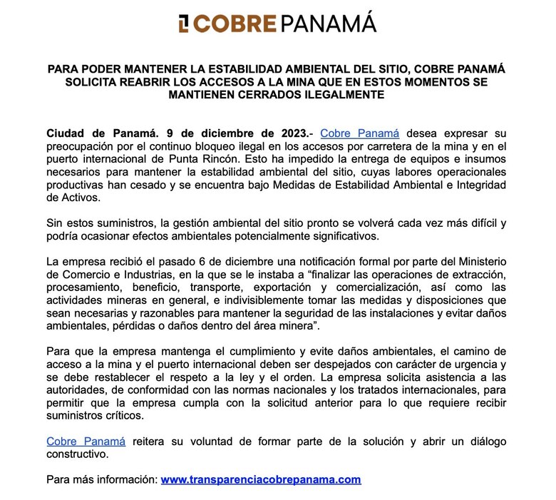Minera Panamá pide despejar acceso al proyecto en Donoso; dice que la gestión ambiental se complica