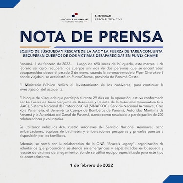 Recuperan los dos cuerpos de estadounidenses desaparecidos tras accidente aéreo en Punta Chame