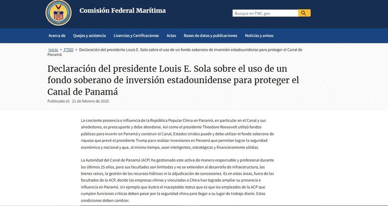 Sola ahora afirma que empleados clave del Canal pasan por seguridad china para trabajar; propone que EU invierta en la vía