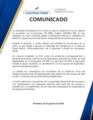 Aeronave con cuatro personas a bordo realiza aterrizaje de emergencia en Darién