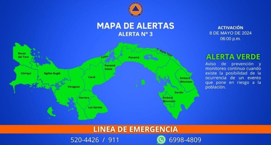 Sinaproc declara alerta verde sobre el territorio panameño
