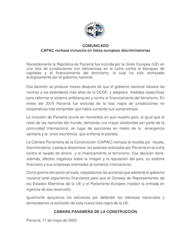 Capac rechaza inclusión de Panamá en lista sancionatoria de la Comisión Europea