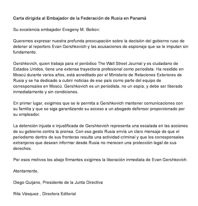 ‘La Prensa’ pide a gobierno ruso ‘liberación inmediata’ del periodista Evan Gershkovich