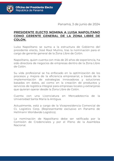 Mulino designa a Luisa Napolitano como gerente de la Zona Libre de Colón