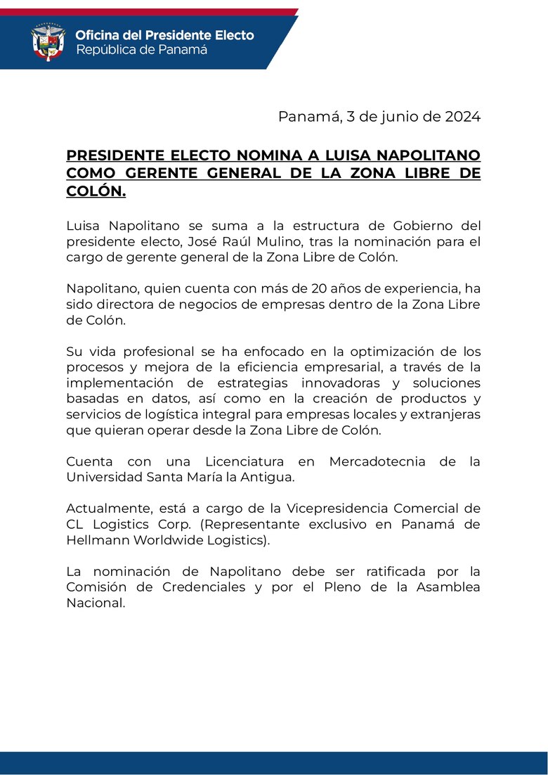 Mulino designa a Luisa Napolitano como gerente de la Zona Libre de Colón