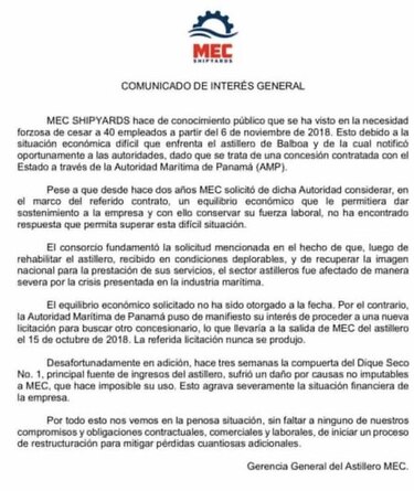 Empresa que opera el astillero Balboa despide a 40 trabajadores
