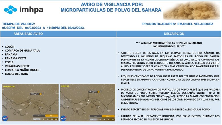 Emiten aviso de vigilancia por la llegada a Panamá del polvo del Sahara, la mayor concentración será entre domingo y lunes