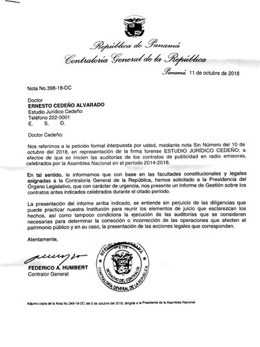Contralor pide con carácter de 'urgencia' los contratos de publicidad de la Asamblea