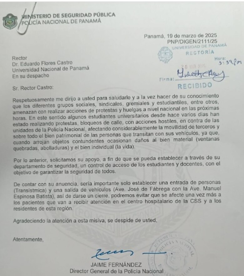 Rector de la Universidad de Panamá rechaza control de acceso solicitado por la Policía Nacional