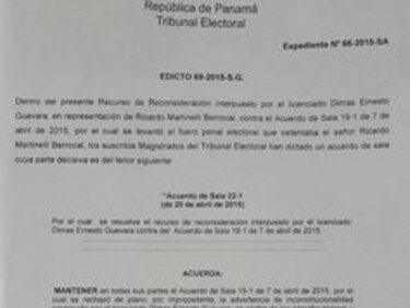 TE fija edicto sobre levantamiento de fuero electoral a Martinelli