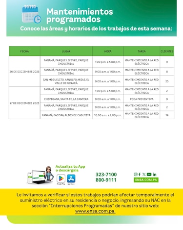 ENSA informa los mantenimientos programados del 22 al 27 de diciembre de 2025