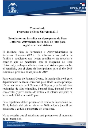 El Ifarhu anuncia cierre de inscripciones para el programa de la Beca Universal