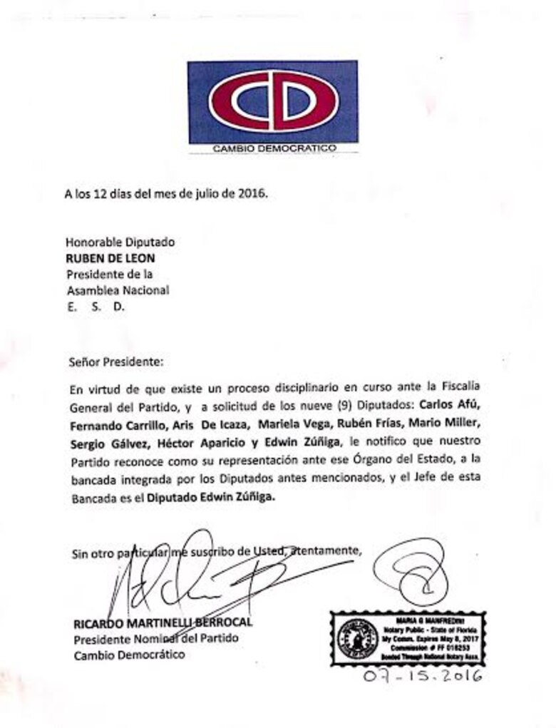 Ricardo Martinelli a presidente de la Asamblea: CD solo reconoce a nueve diputados