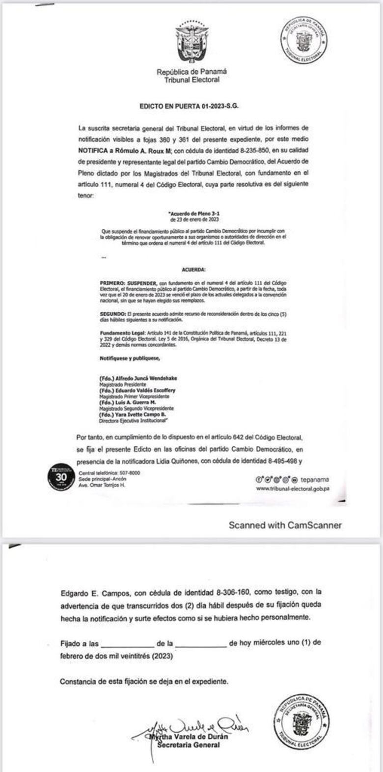 Tribunal Electoral suspende financiamiento público al partido Cambio Democrático