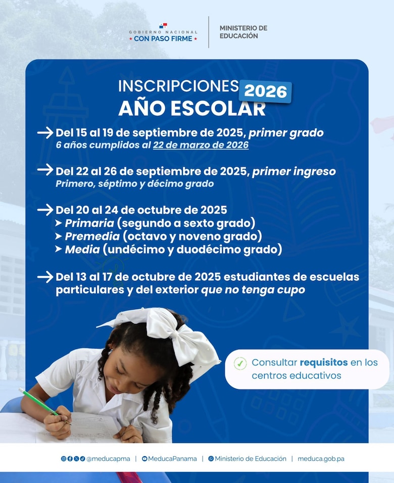 Matrículas 2026: el Meduca anuncia fechas clave para la inscripción de estudiantes