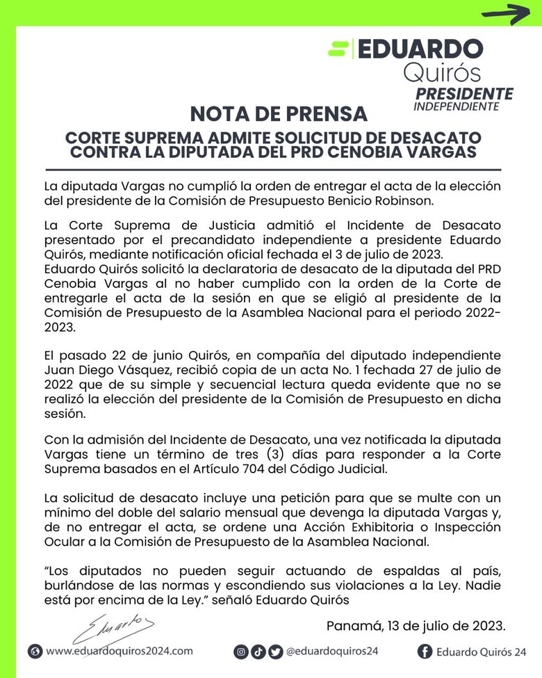 Corte acoge incidente de desacato contra la diputada del PRD Cenobia Vargas