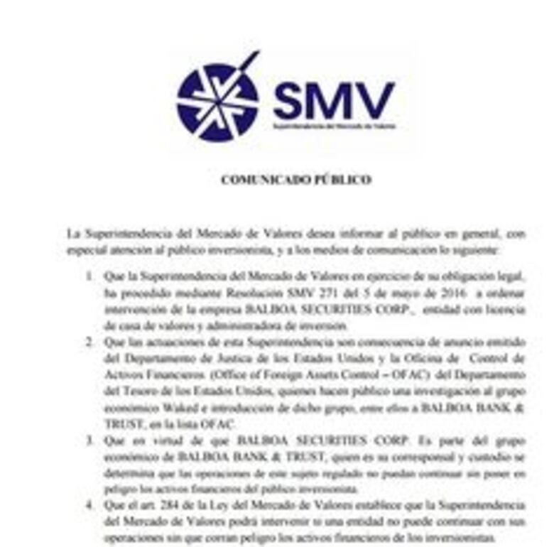 Superintendencias de Bancos y de Valores toman el control de Balboa Bank