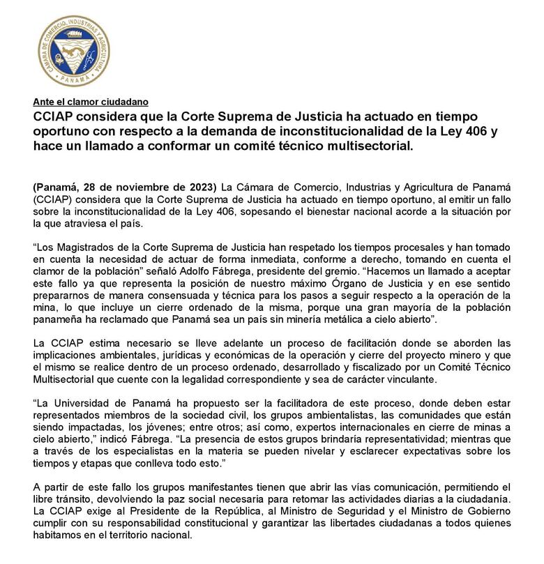 Cciap resalta que la Corte actuó en tiempo oportuno y pide respetar el fallo