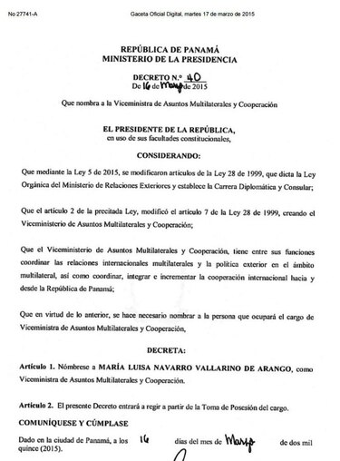 María Luisa Navarro Vallarino de Arango, nueva viceministra de Asuntos Multilaterales y Cooperación