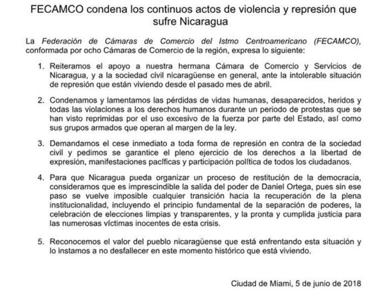 Federación de Cámaras de Comercio de Centroamérica pide salida de Daniel Ortega