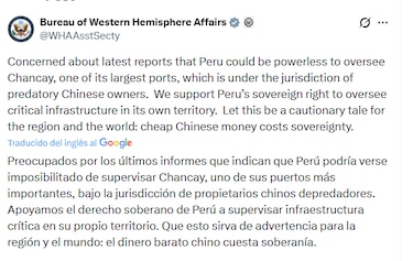 Estados Unidos cuestiona fallo que limita la fiscalización del gobierno peruano en un puerto operado por Cosco Shipping