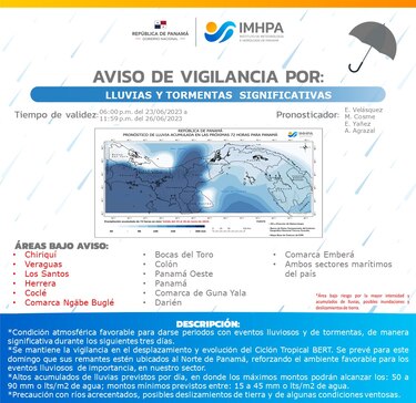 Emiten aviso de vigilancia por lluvias y el paso por la región del ciclón tropical BERT