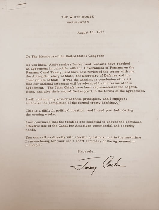 Nota de Jimmy Carter al Congreso de los Estados Unidos solicitando su apoyo para los tratados Torrijos-Carter. 12 de agosto de 1977.