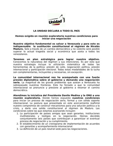 Gobierno y oposición de Venezuela intentan sentar bases de diálogo