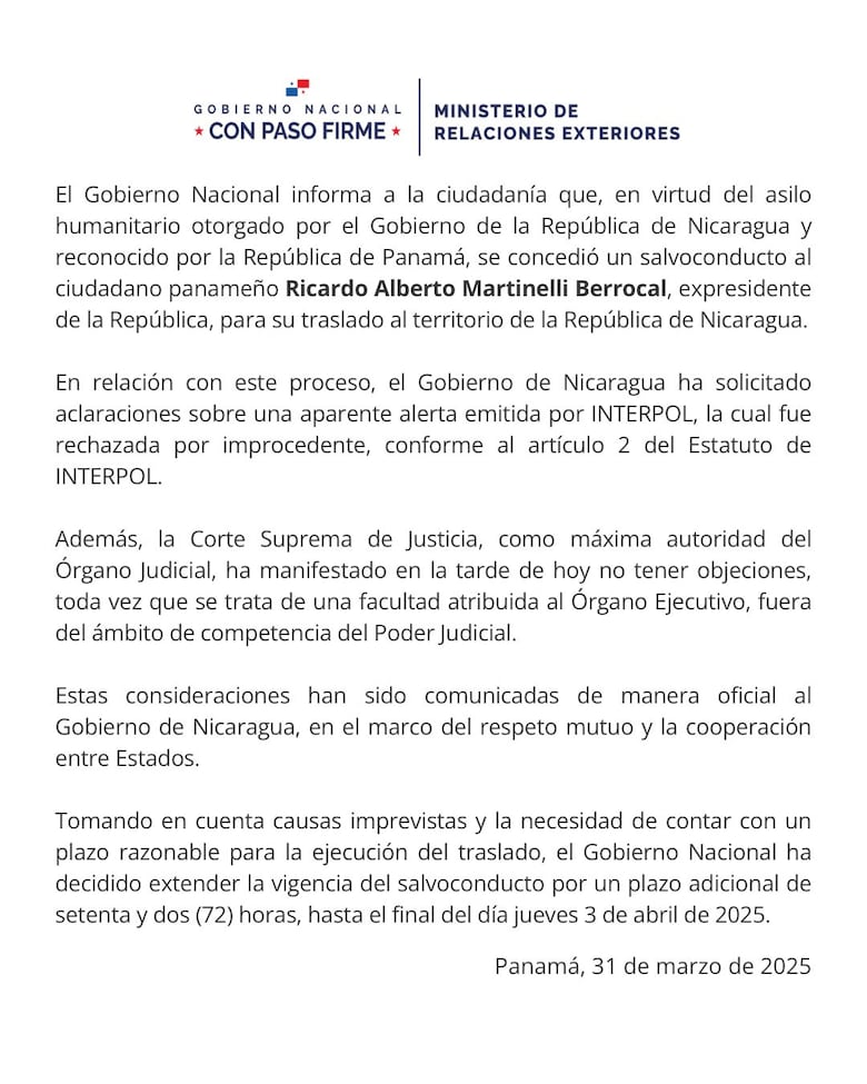 Cancillería confirma extensión de salvoconducto a Martinelli: tendrá 72 horas más para viajar a Nicaragua