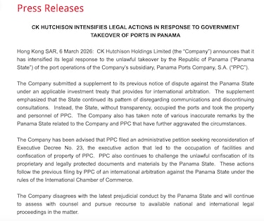 CK Hutchison actualiza su arbitraje y alega que Panamá ‘ignora’ sus reclamos