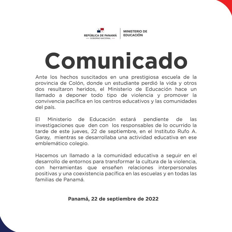 Colón: balacera en un plantel educativo deja un estudiante muerto y dos heridos