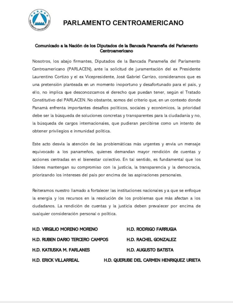 Diputados panameños del Parlacen califican de ‘inoportuna’ la solicitud de juramentación de Cortizo y Carrizo