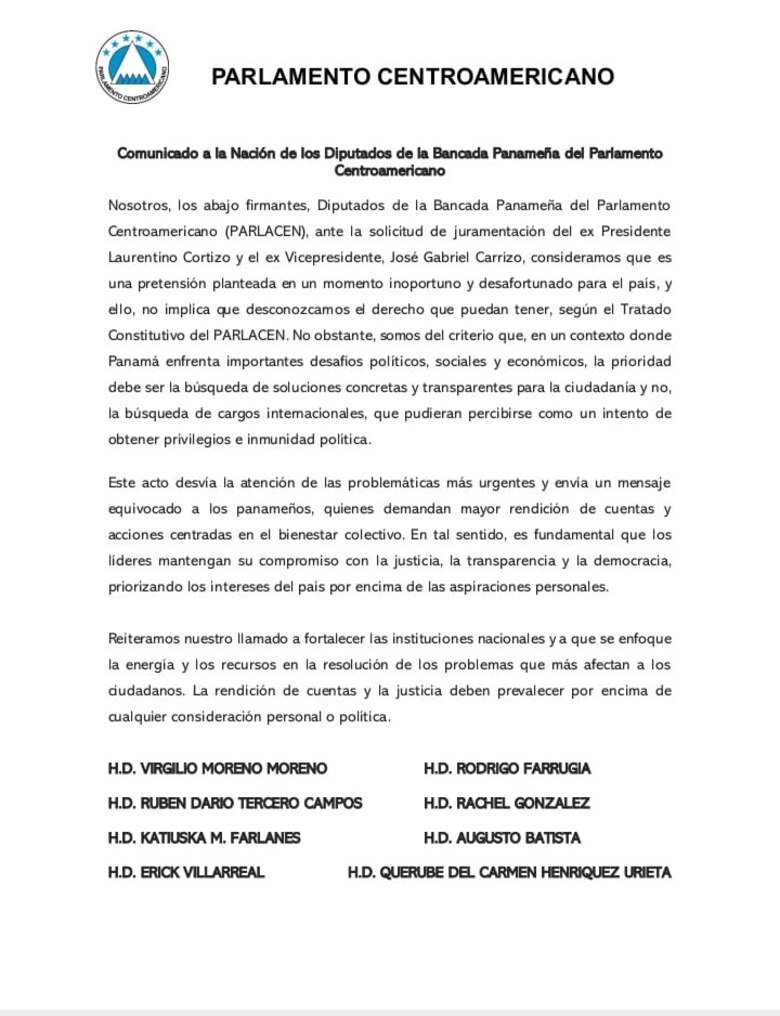 Diputados panameños del Parlacen califican de ‘inoportuna’ la solicitud de juramentación de Cortizo y Carrizo