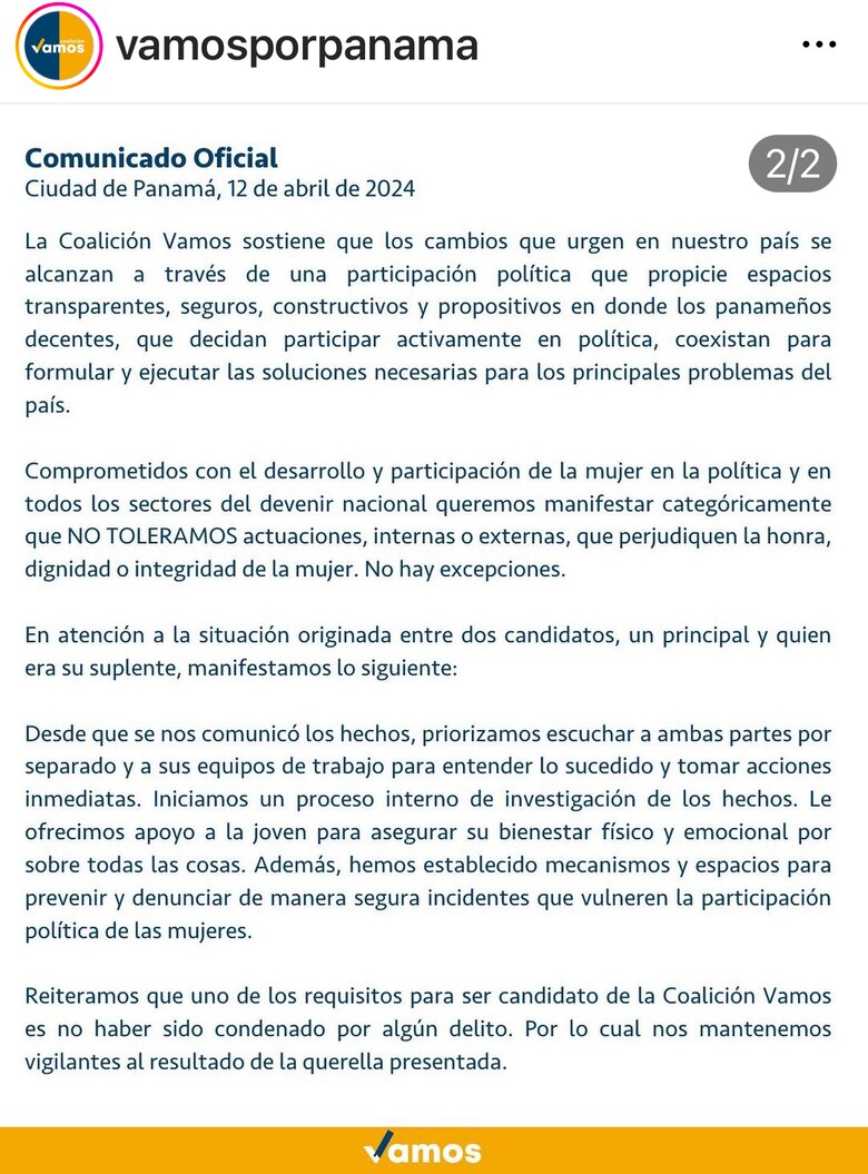 Candidato a diputado de Vamos en San Miguelito enfrenta querella por acoso y violencia de género