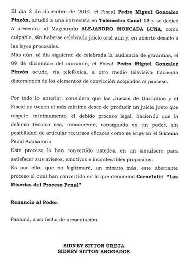 Sidney Sittón renuncia a la defensa de Alejandro Moncada Luna